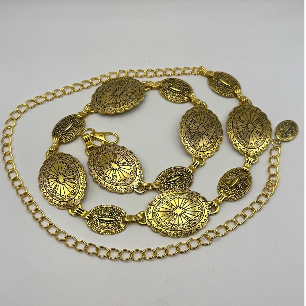 Vintage Gold Tone Medallion Station Necklace – Classic Chain Jewelry - 45"